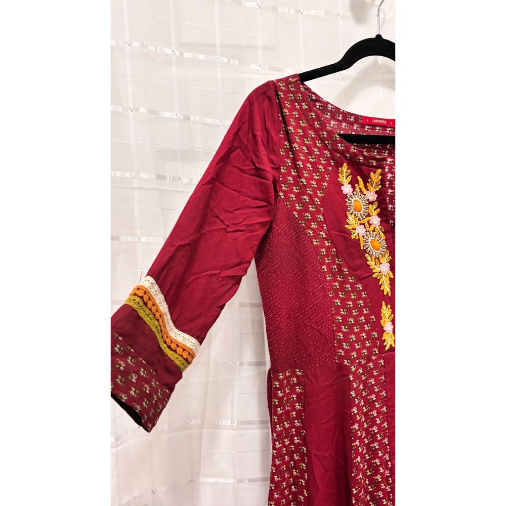 Lakshita Womens Maroon Embroidered Rayon Anarkali Maxi Dress Size S Burgundy - Picture 4 of 9